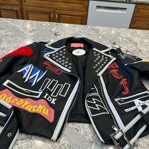 Edgy Black Leather Jacket with Graphic Designs